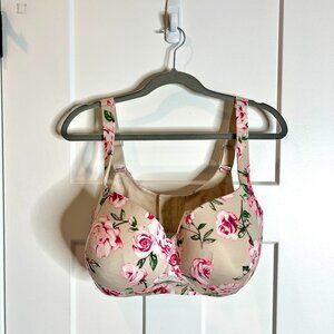 Cacique Lightly Lined Balconette Satin Pink Floral Rose Print Bra Sz 38G